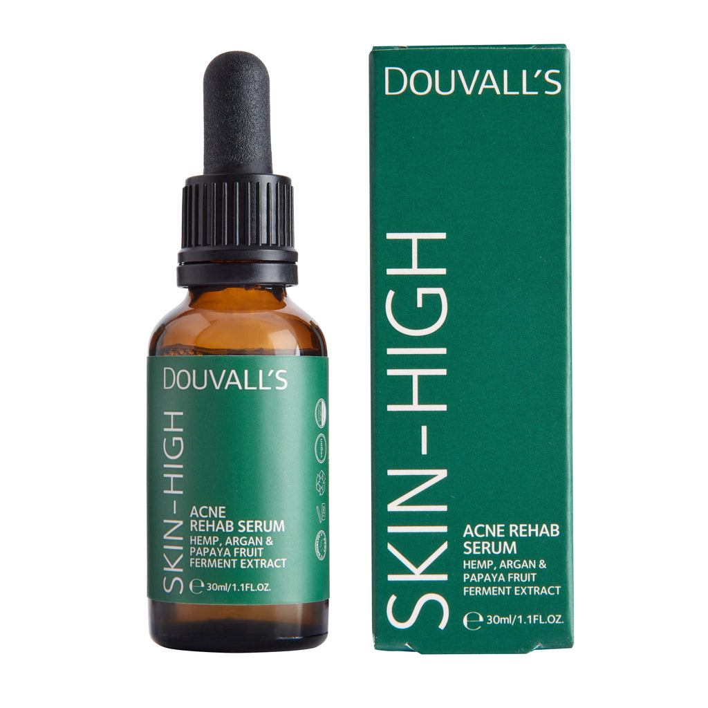 Douvalls acne rehab serum, blemish, rehab, pimples, papaya extract, retinol, reinoid, natural, organic, vegan, face serum, acne, white heads, black heads, face oil, sustainable beauty.